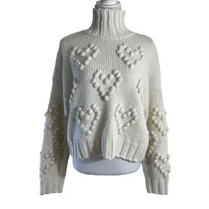 Aqua Cream Heart Pom Pom Sweater Size Small Turtleneck Long Sleeves Winter Top